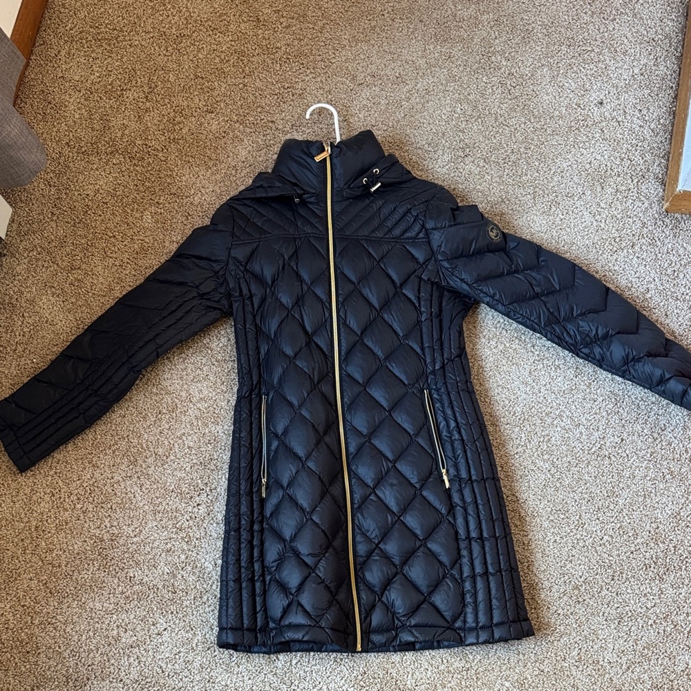 Michael Kors Black Quilted Puffer Coat with Gold Accents